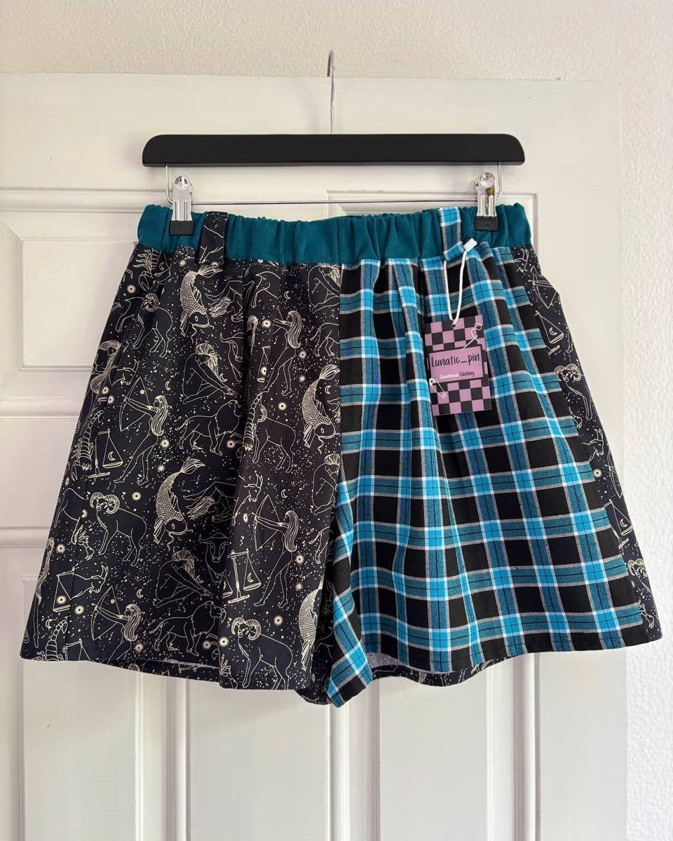 Alternative Handmade Effie Shorts - Blue Tartan, Astrology, Teal - size M by Lunaticpin