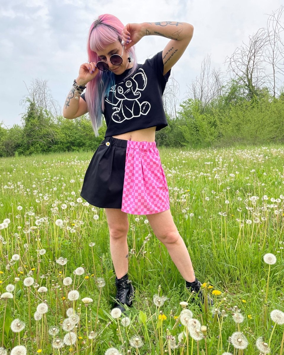 Alternative Handmade Shorts - Black Cotton and Pink Checkerboard by Lunaticpin