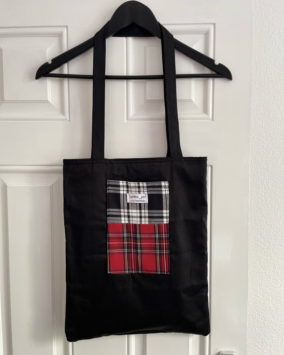 Alternative Handmade Double Sided Tote Bag - White and Red Tartan by Lunaticpin