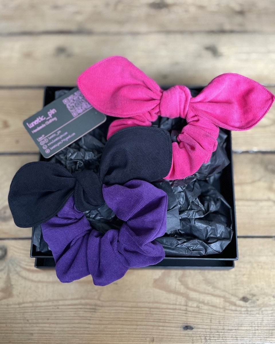 Handmade BOW SCRUNCHIES - NEEDLECORD - PICK YOUR COLOURS - Lunaticpin