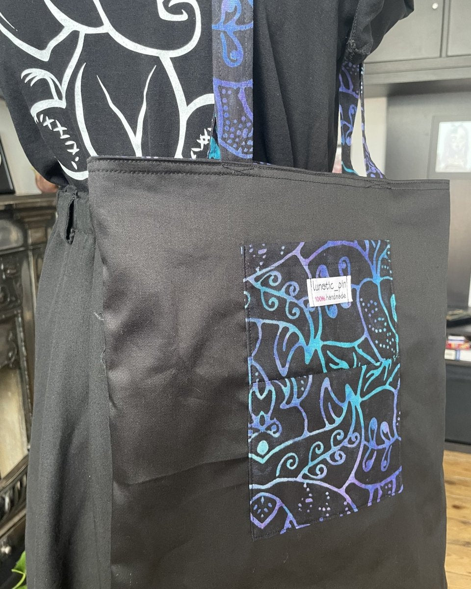 Handmade DOUBLE SIDED TOTE BAG - SWIRLY LEAVES AND BLACK - Lunaticpin